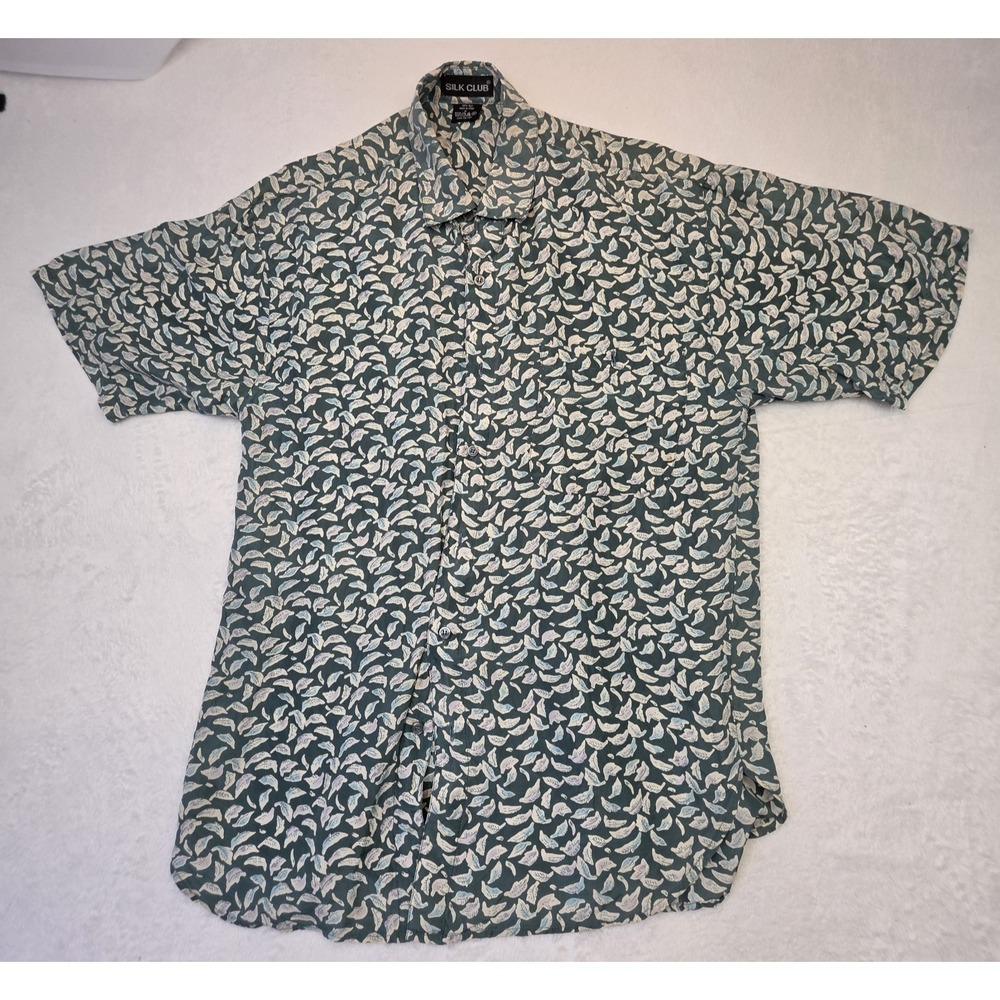 Silk Club 100% Silk Button Up Shirt Mens Medium Green Abstract Leaf Print Vintag